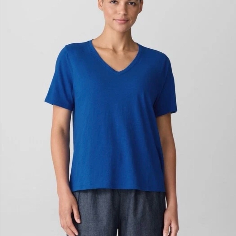 EILEEN FISHER Organic Cotton Jersey Slub V-Neck Short Sleeve Tee Blue Size PP